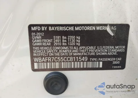 2012 BMW 535I из США, поврежденный, VIN WBAFR7C55CC811549